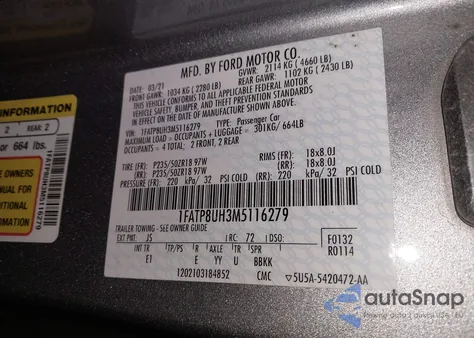 2021 Ford Mustang Ecoboost Premium из США, поврежденный, VIN 1FATP8UH3M5116279